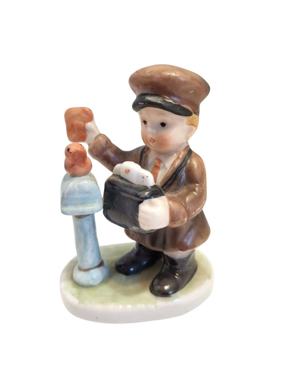 Vintage Porcelain Figurine Of Young Postman With Birds On Base